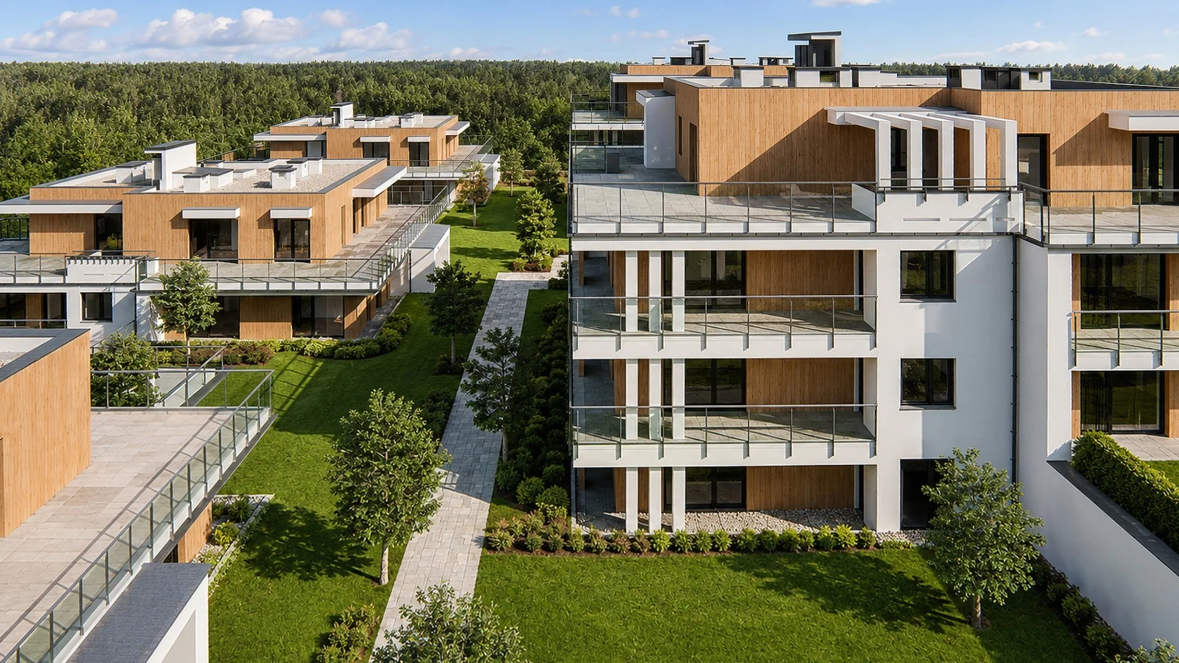 Villapark épületei zöld kerttel és gyalogos útvonalakkal