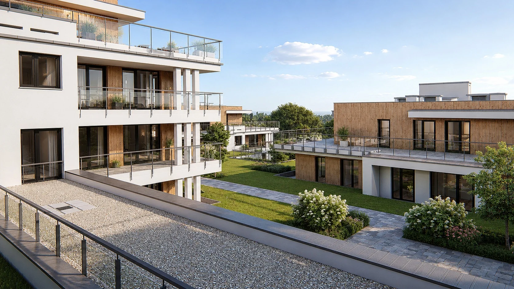 Modern villapark világos homlokzatokkal, fa burkolatokkal, zöld belső kerttel és tágas teraszokkal