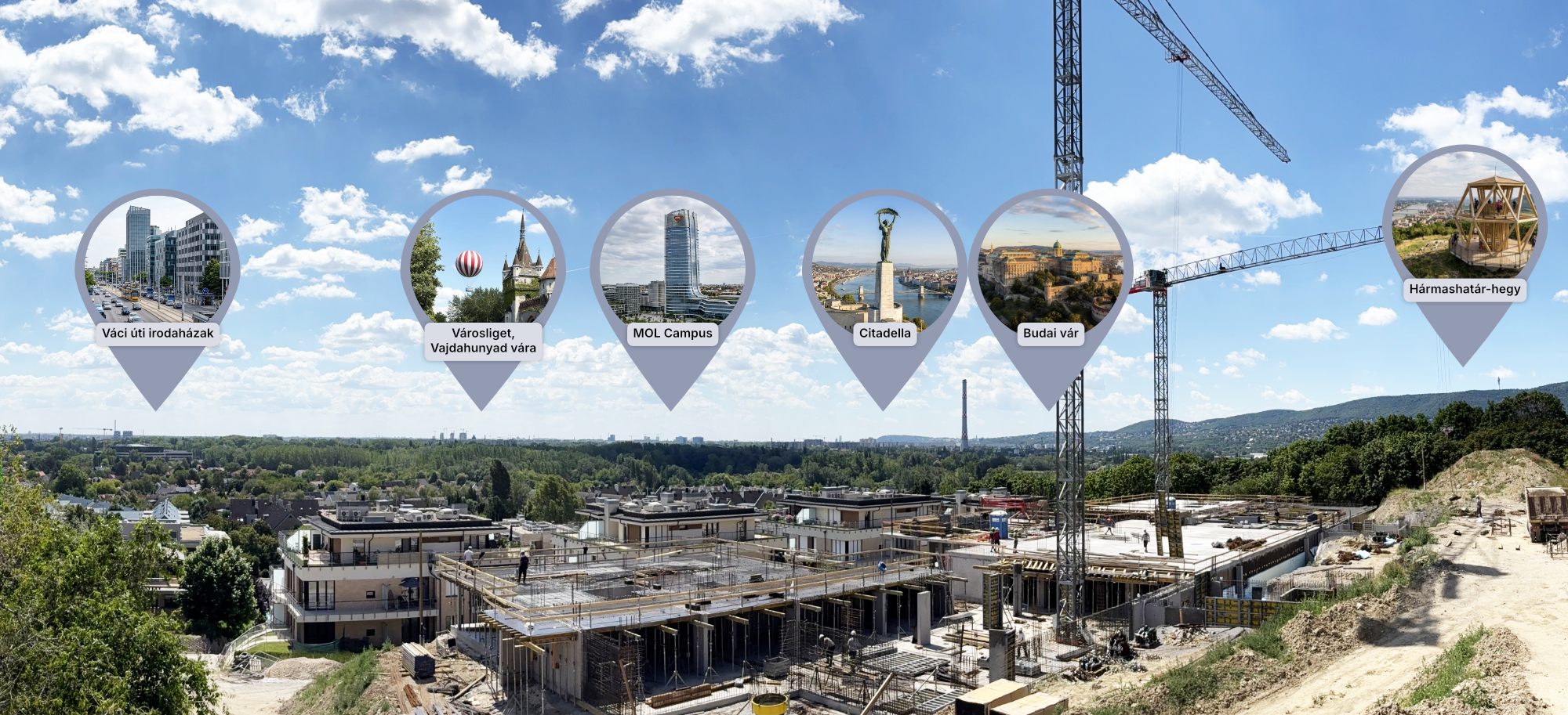 Panorámás látkép a budai domboldali villapark épületeivel és zöld környezettel